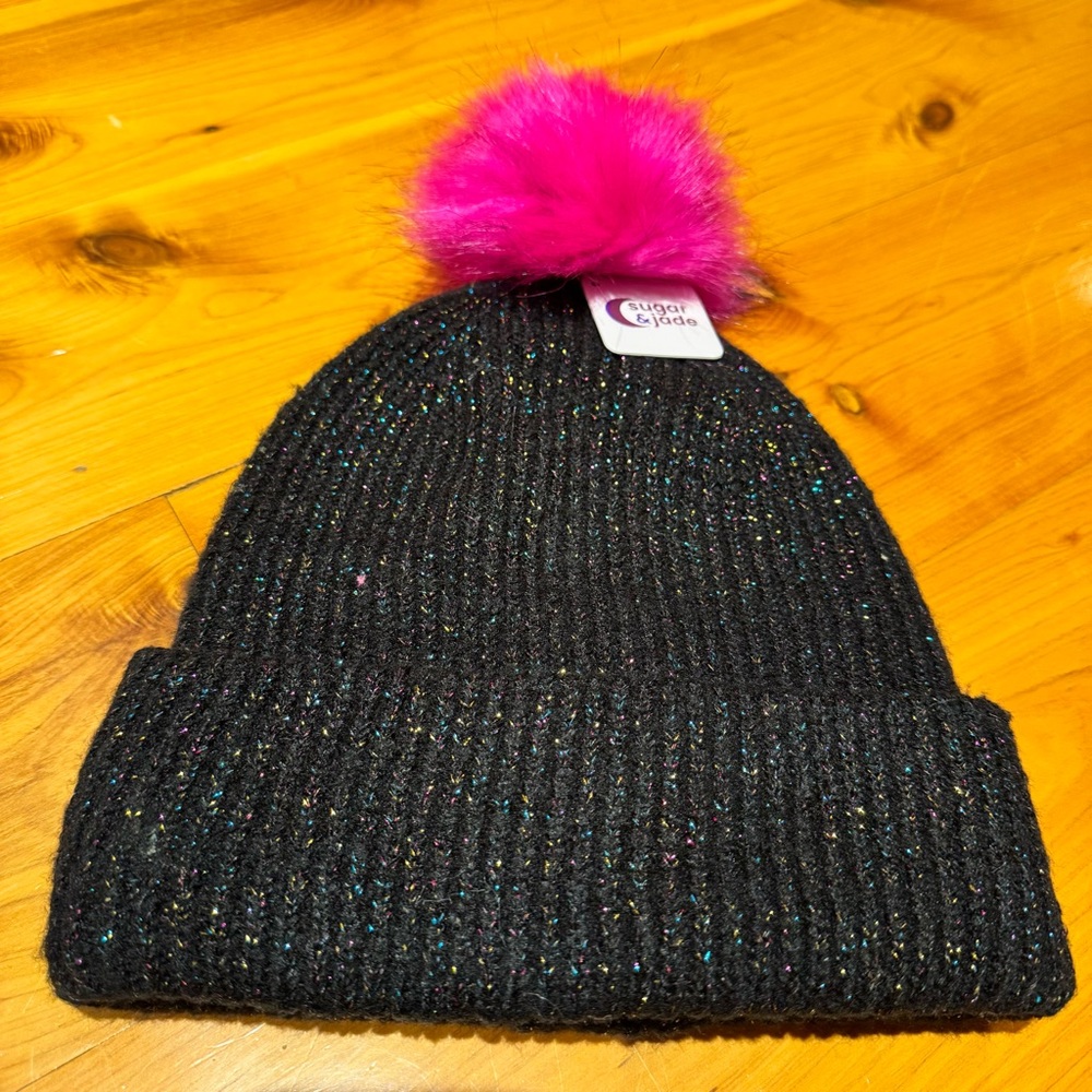 Sugar & Jade Black Sparkle Beanie with Pink Pom Pom